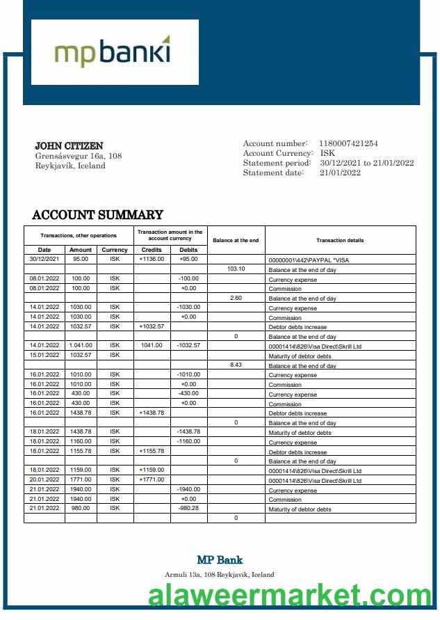 Iceland MP bank statement
